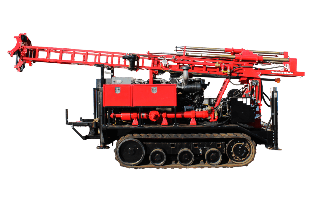 Red D70 Diedrich Drill track-mounted drill rig with horizontal mast, isolated on white background, built for geotechnical drilling and tooling applications.